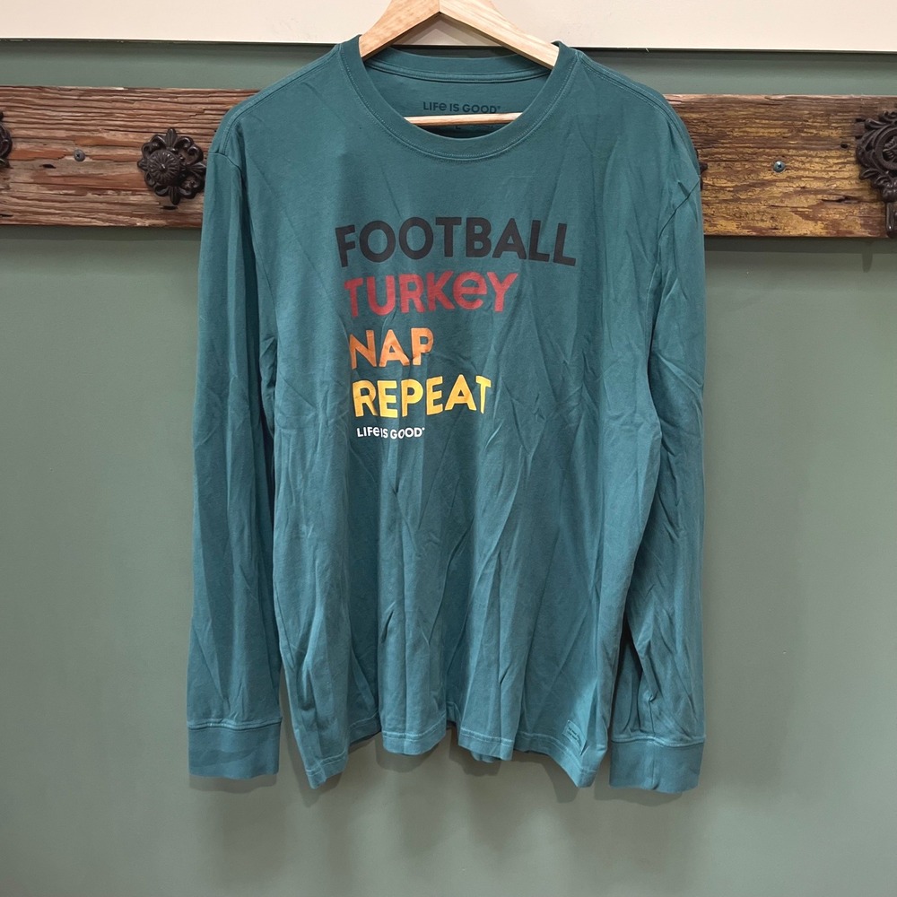 Life is Good Mens Crusher Tee Long Sleeve Football Turkey Nap Repeat Teal Large